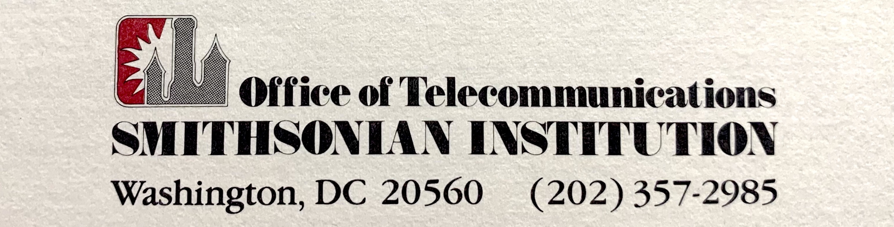 Smithsonian Office of Telecommunications logo, including stylized Castle and Sunburst graphic, Washington DC zip code, and telephone number