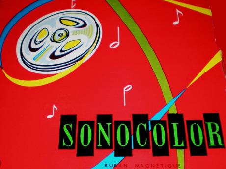 Red audiotape reel box with colorful graphics and text: "Sonocolor"